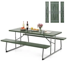 Folding Picnic Table w/ 2 Benches 6 FT Camping Table Set w/ All-Weather HDPE