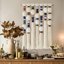 Handmade Blue Macrame Wall Hanging with Tassels - Woven Cotton Yarn Decor