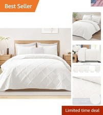 Contemporary White King Quilt Set with 2 Pillow Shams - Reversible, All Seasons