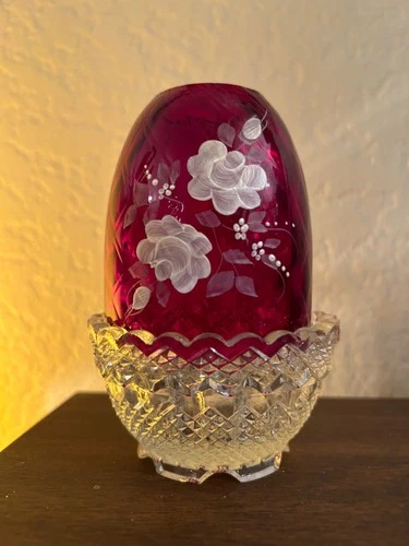 Vintage Fenton glass Cranberry red Roses On Ruby Hand Painted floral Fairy Lamp