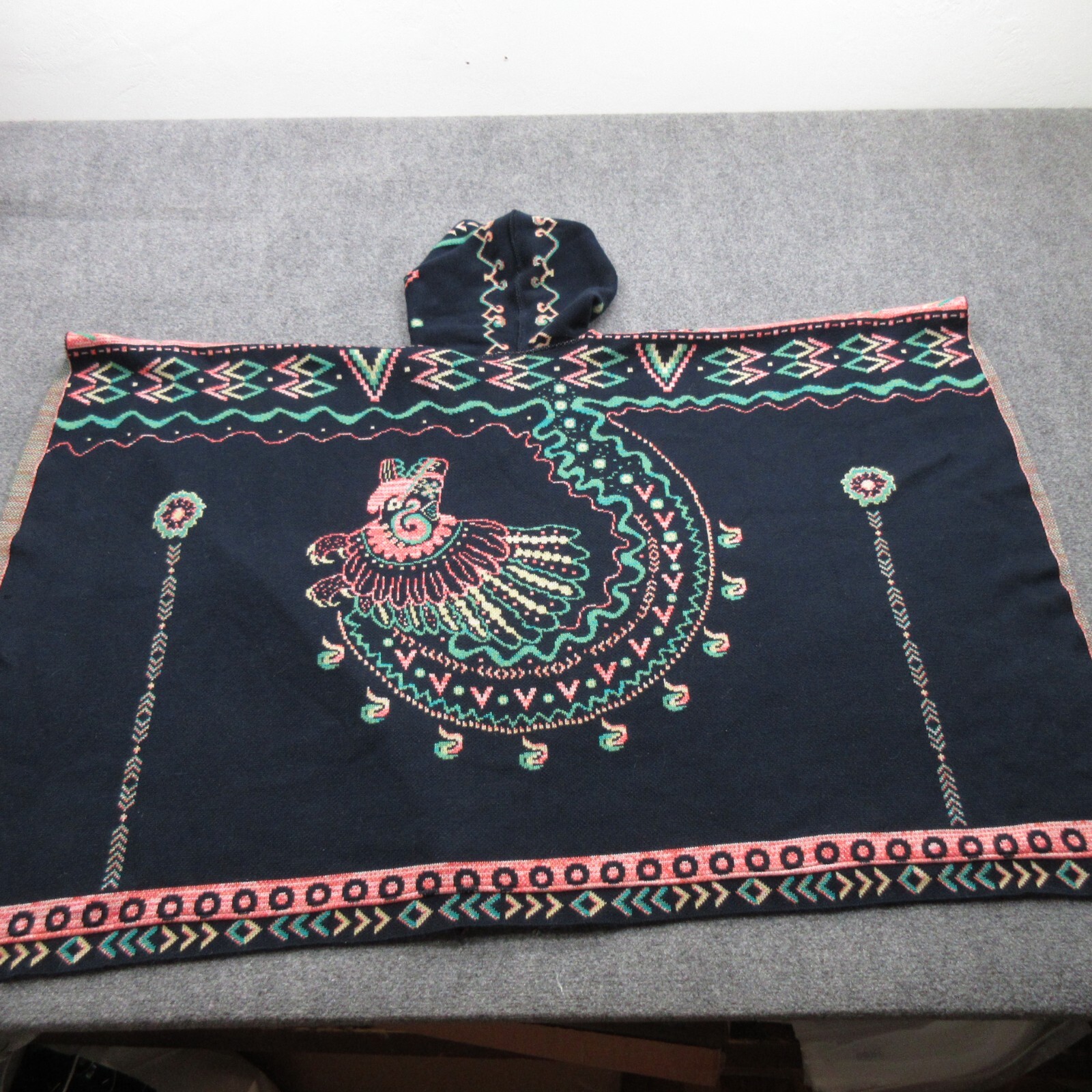 Checkanka Poncho Womens Geometric Knit Aztec Hooded Cape Open Shawl Quetzal