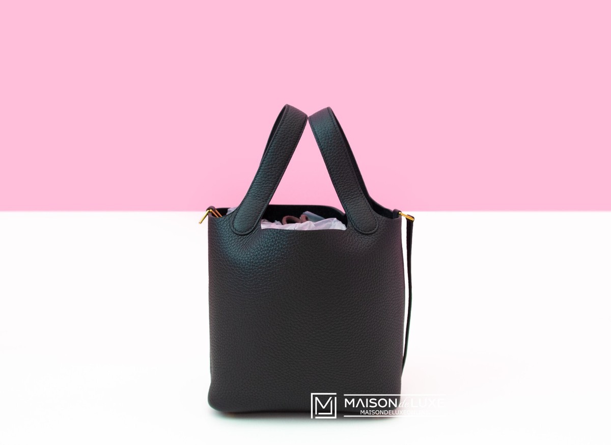 NEW HERMES NOIR BLACK PICOTIN LOCK 18 PM BAG GHW HANDBAG KELLY