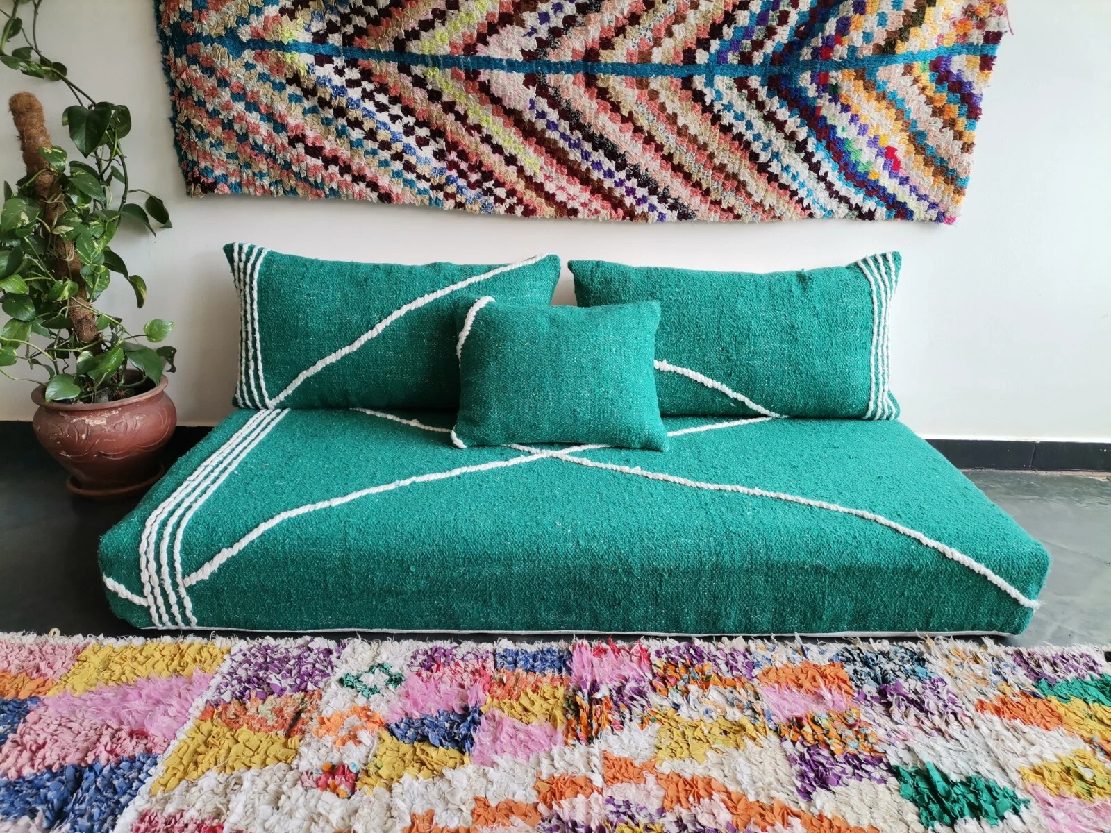 Moroccan Handmade Floor Couch - Unstuffed Cotton Green Sofa covers + Pillow case