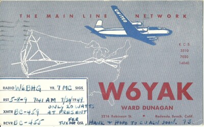 VINTAGE AMATEURFUNK QSL KARTE W6YAK 1949 REDONDO BEACH, KALIFORNIEN - UNITED