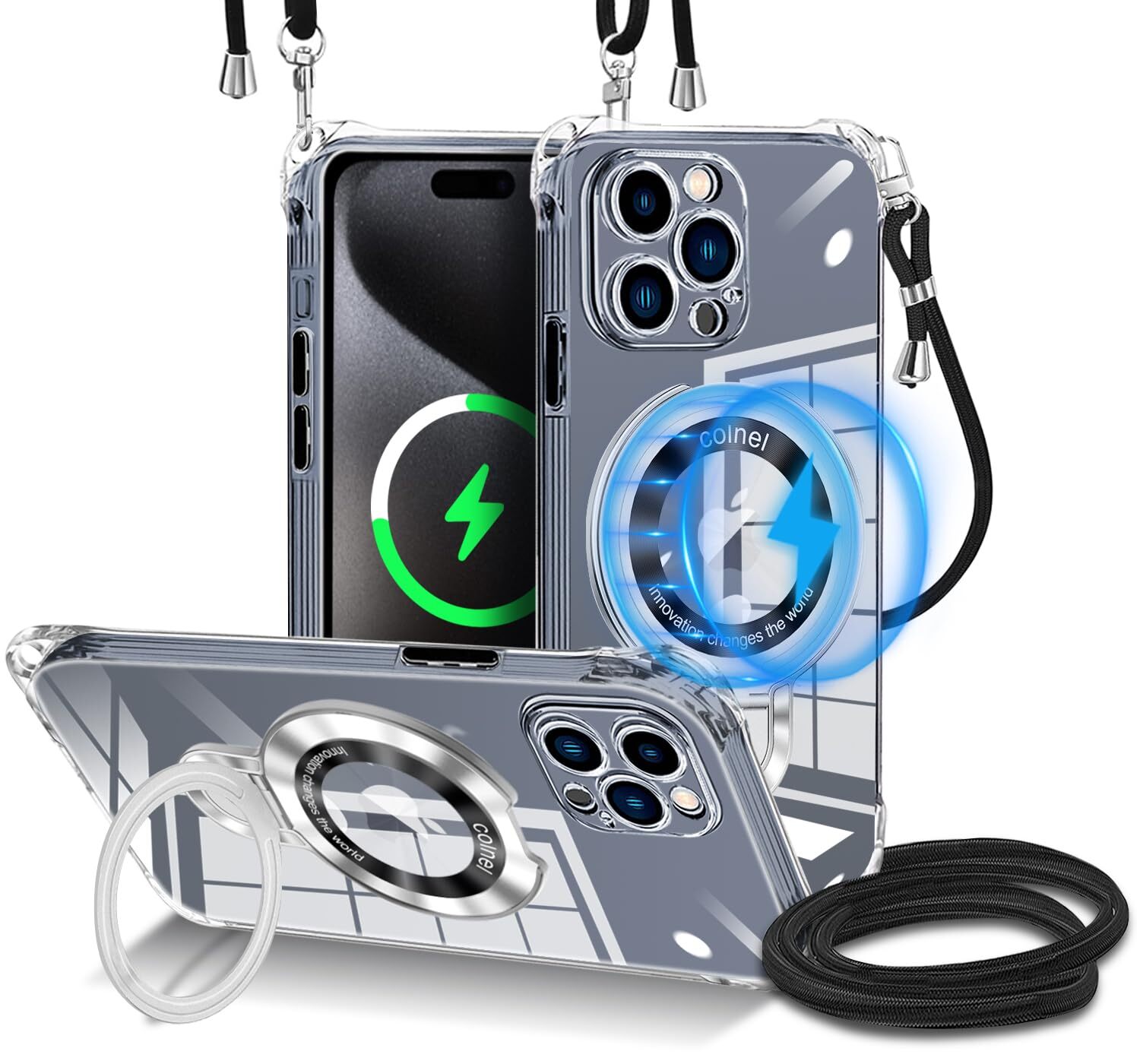 for iphone 15 Pro Max Case Clear Shoulder Ring with MagSafe Compatible Hidden St