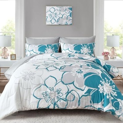 Floral Comforter Set Size 7 Piece Blue Flower Bed in a Bag, Elegant King Teal