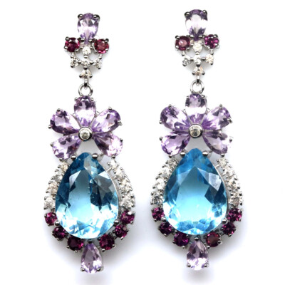 Ohrringe 925 Sterling Silber Sky Blue Topaz Amethyst Rhodolite & Zircon