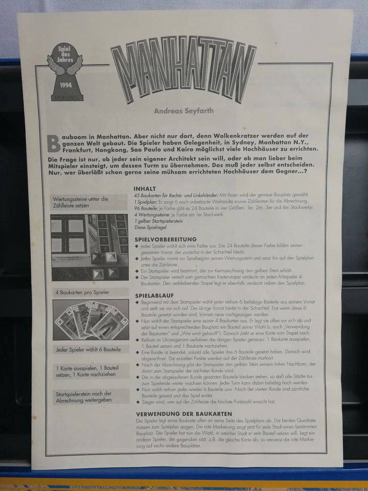 Manhattan Hans im Glück Brettspiel 90er retro vtg geprüft komplett Material TOP - Bild 2 von 4