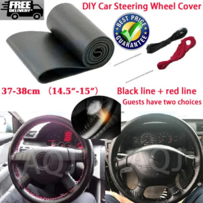 DIY Leather Car Steering Wheel Cover Needle Thread Anti-slip Black For Kenworth