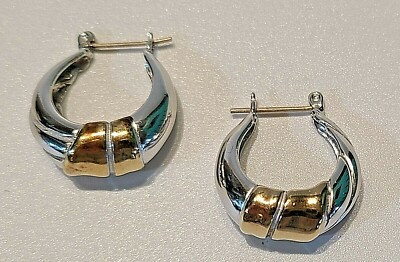 Pair .925 Sterling Silver Open Hoop Hinged Post Earrings Signed Gold Accents