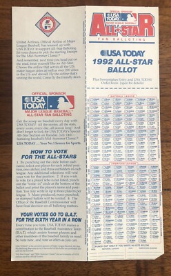 1992 MLB All Star Game Fan Ballot Unpunched USA Today Major League ...