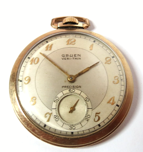 ANTIQUE MENS GRUEN PRECISION VERI-THIN CONORUMA 10 YEARS GOLD 17'J POCKET WATCH