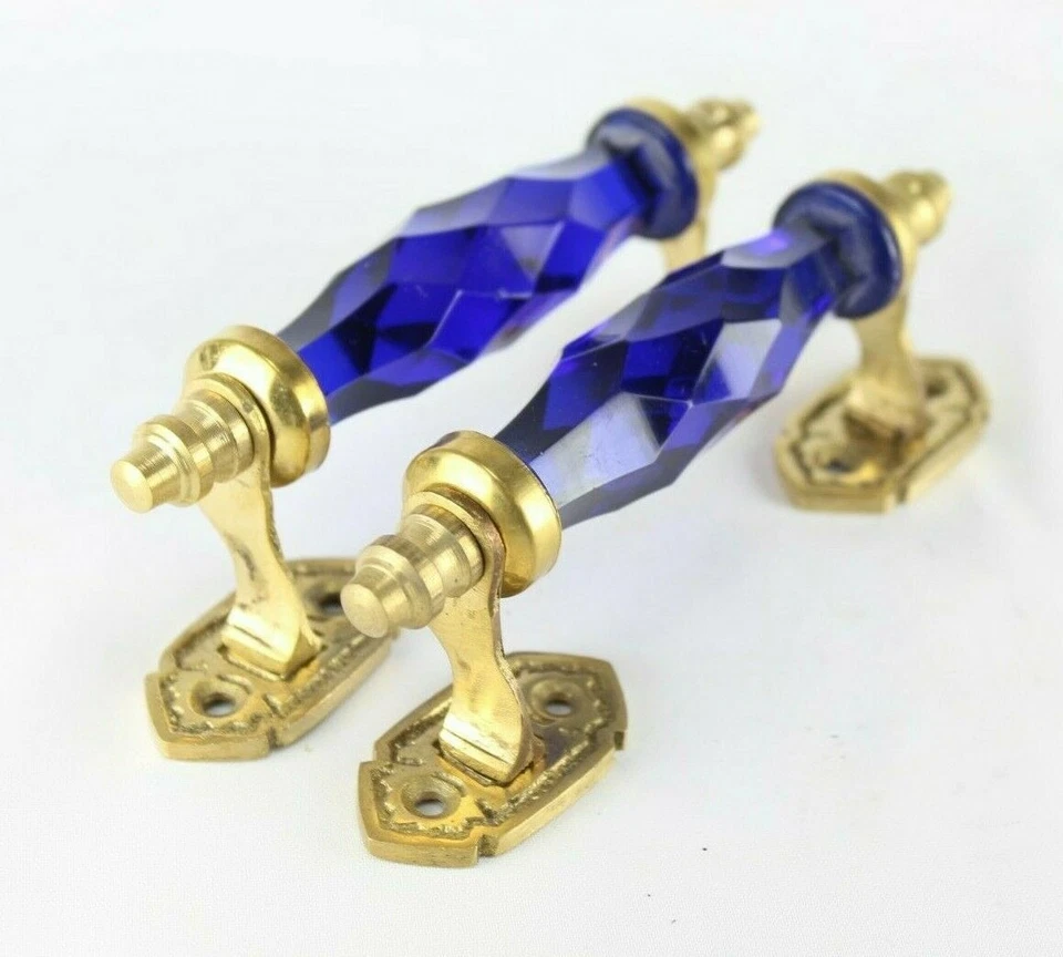 Vintage Cobalt Blue Cut Glass Door Knob Set Brass Victorian Style, Home Decor - Image 2 of 4