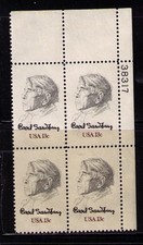 US USA Sc# 1731 MNH FVF PLATE# BLOCK Carl Sandburg Poet Author Writer