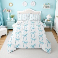 Erosebridal Cute Blue Bow Twin Bedding Set for Girls,Ribbon Bow Knot Comforter S