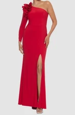 Xscape Women's Red One-Shoulder High-Slit Evening Gown Dress Petite Size 12P