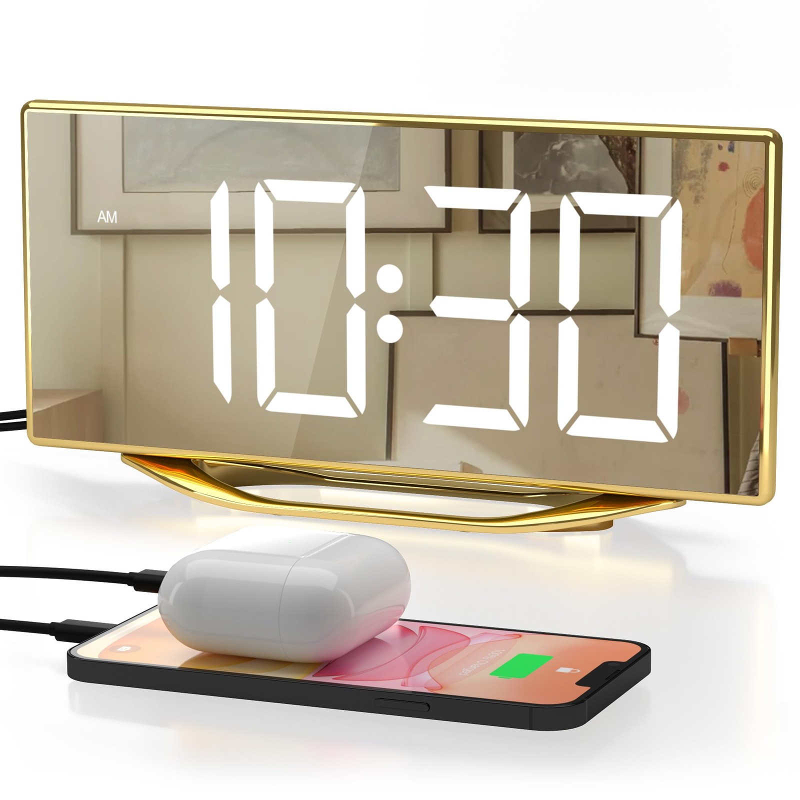 Slim Gold Mirror LED Alarm Clock for Bedrooms & Desks