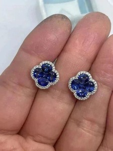 Authentic Lab Created Sapphire 2.00Ct Oval Cut Clover Stud Earrings 14K White Gold Plated
