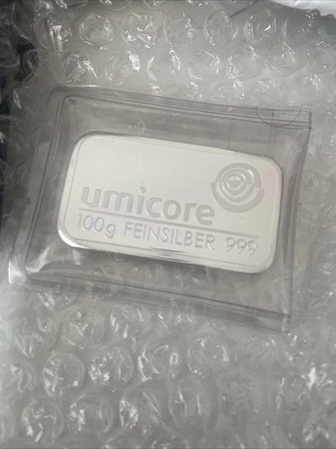 100 Gram Umicore Silver Bullion Bar 999 Silver