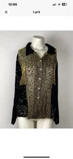 Citron S Velvet Burnout Semi Sheer Button Green Multi Floral Silk Tunic Blouse