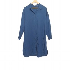 Uniqlo Ladies Dark Blue Long Sleeve Linen Blend  Shirt Dress Size L Pockets EUC