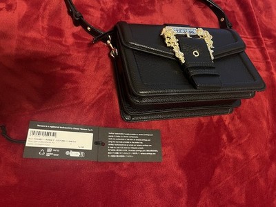 Versace Jeans Couture Pebbled Black Shoulder Bag Gold Buckle Accent Adjustable  