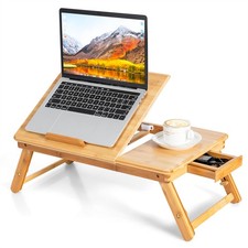 Bamboo Laptop Desk Adjustable Folding Bed Tray w/Drawer Heat Dissipation