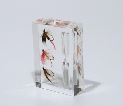 Vtg Fly Fishing Flies In Lucite Egg Timer Gift Fisherman Angler Casting