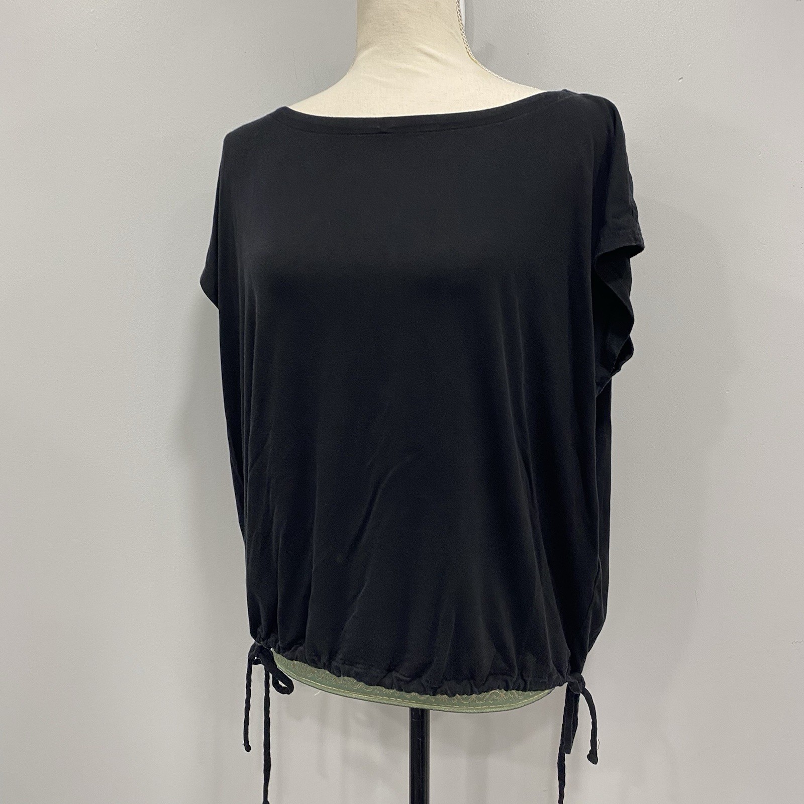 Eileen Fisher L Black Fine Jersey Knit Square Top Bateau Neck Drawstring Waist