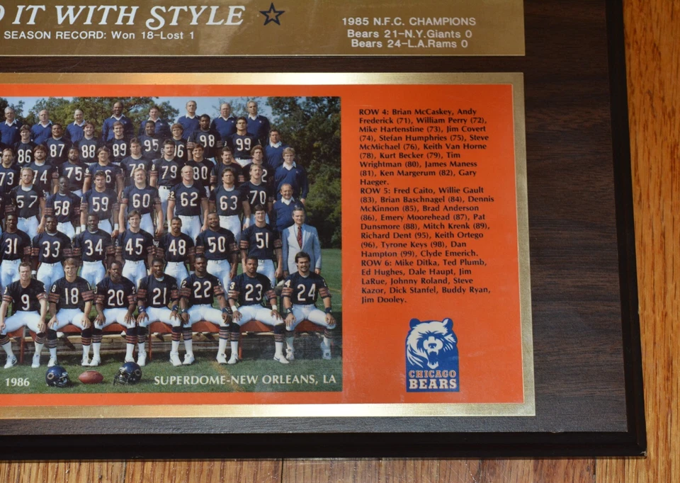 Placa fotográfica 16x12 del equipo Chicago Bears de los campeones XX de la NFL Super Bowl 1986 estilo antiguo Foto 4 de 4
