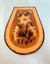 Vintage Polish Folk Art Carved Wood Shaving Vanity Jewelry Box with Mirror