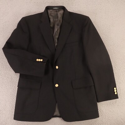 VTG Hopsack Jacket M Black Polyester Wool Blazer Patch Pockets Metal Buttons 40R