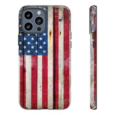 Tough Case for iPhone 13 - Distressed American Flag on Old Barn Wood Print.