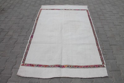 4x6 ft Handmade Kilim: Old Beige & Red Wool Rug for Vintage Boho Style