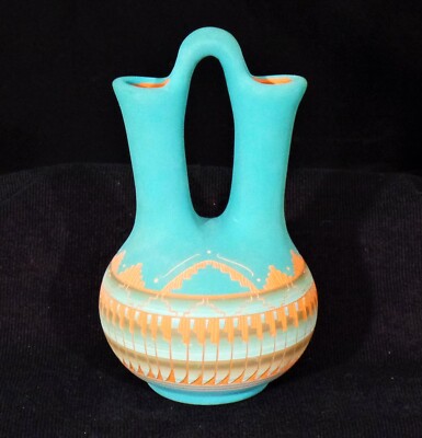 Hand-Painted and Etched Wedding Vase by Well-Known Navajo Artist Dena Johnson