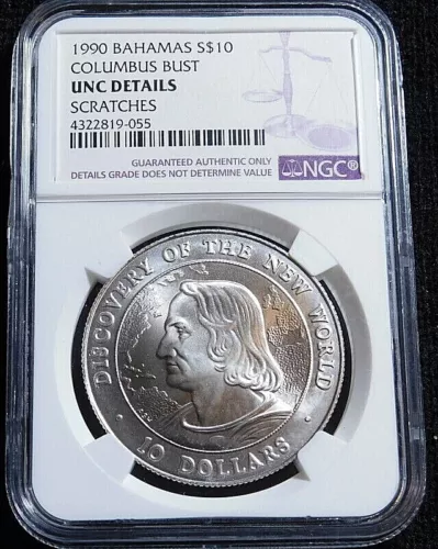 1990 Bahamas $10 Columbus Bust  NGC Extr. Scarce Only 550 minted A39-154