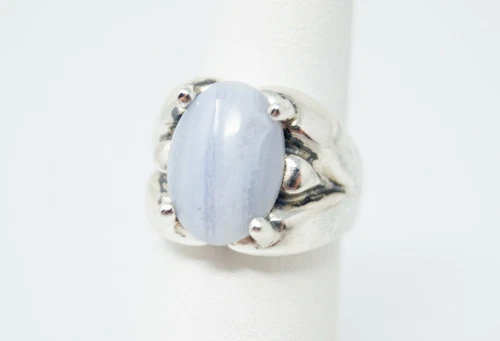 Vintage Designer Kabana Blue Lace Agate Western Sterling Silver Ring - Size 5