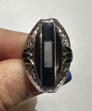 Ancien Véritable Art Déco C 1920 Noir Incrustation Onyx Argent Ton Filigrane Da1