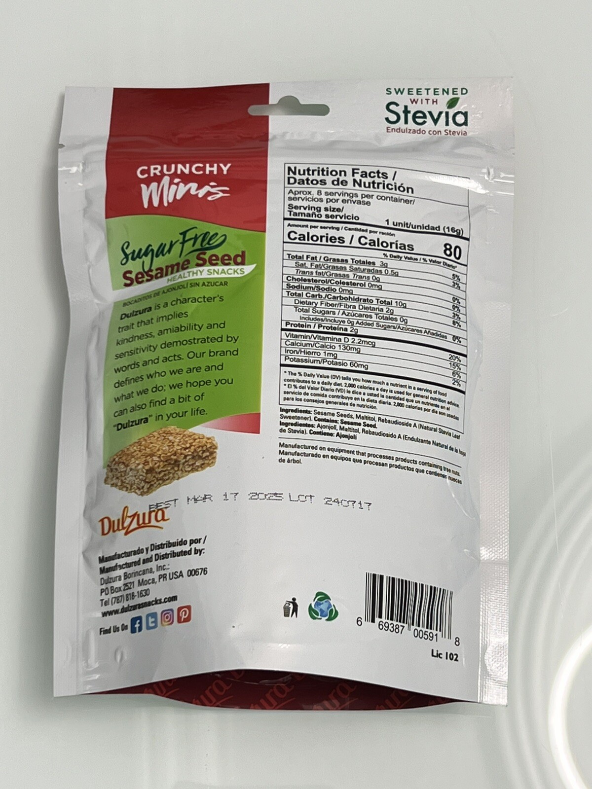 2 5.8 oz Packs: Dulzura Sugar Free Sesame seed Candy Crunchy Mini Vegan Ajonjoli