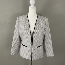Nipon Boutique Women  s Blazer Jacket Size 4 White Black Woven Open Front Jacket
