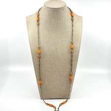 Vintage Orange Enamel Bar Link Station Necklace Silver Tone Mod 36" Spring Ring