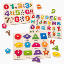 Wooden Peg Puzzles for Kids Ages 3-5, 3 Pack Large ABC Number Shape Toys