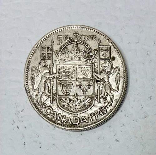 1943 Canada Silver 50 Cents Coin, .80 Silver, 0.3oz., AU Condition