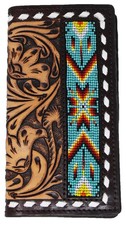 Men's Western Antique Floral Tooled Leather Beaded Inlay Rodeo Wallet 18RTW62R