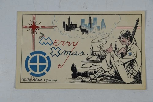 Vintage Original WWII WW2 Merry Xmas Christmas Card Military France 1944
