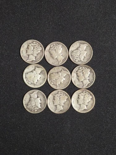 (9) 1916-1940 Mercury Dime F FINE Silver Lot