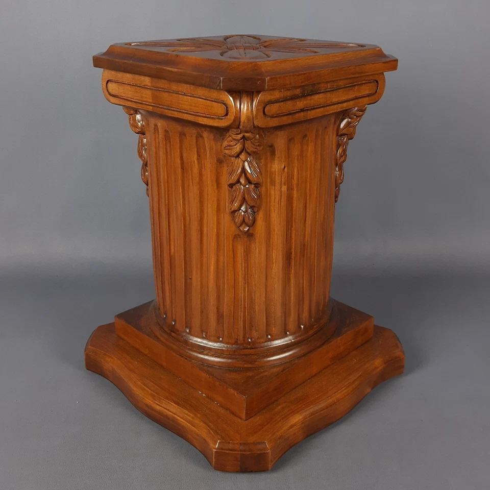 Colonna Piedistallo Legno Scolpito Fiore Base Statua Artigianato Vintage 1960 - Immagine 3 di 4