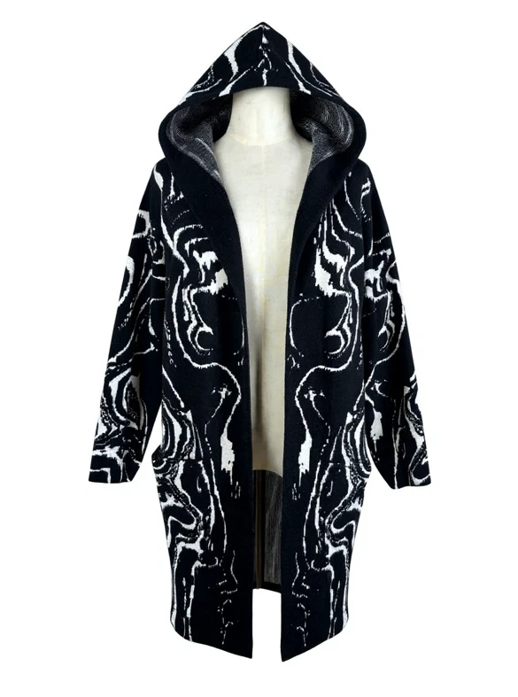 Cardigã Eva & Paige preto/branco padrão gráfico frente aberta com capuz tamanho M - Imagem 2 de 4