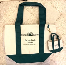 Bath Body Works Heritage Canvas Tote & Mini Cream Green Sold Out Collectors NWT