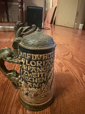 German Lidded Beer Stein w/ Figural Handle, German Text Design Breweriana